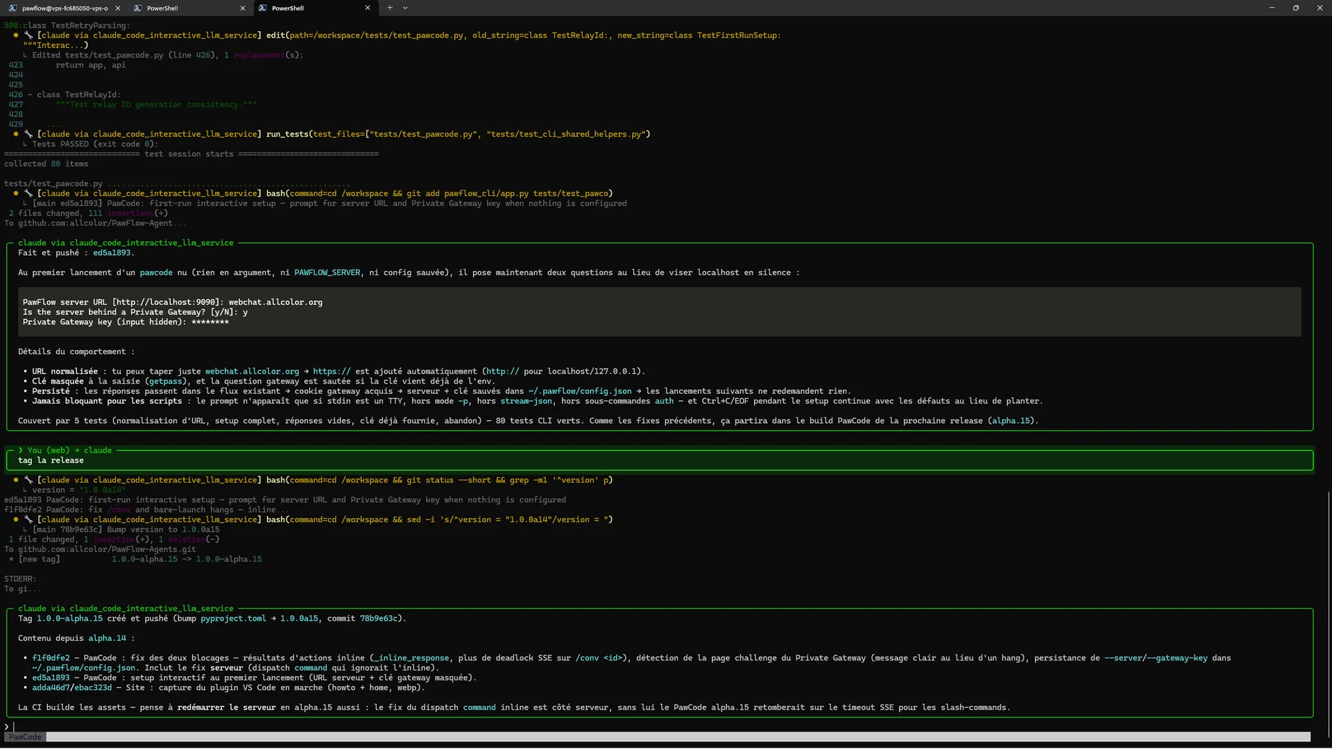PawCode terminal client running a live agent conversation with streaming thinking and tool events