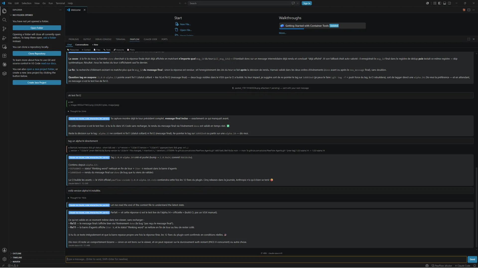 PawFlow extension running inside VS Code with a live agent conversation streaming responses and tool events in the chat panel