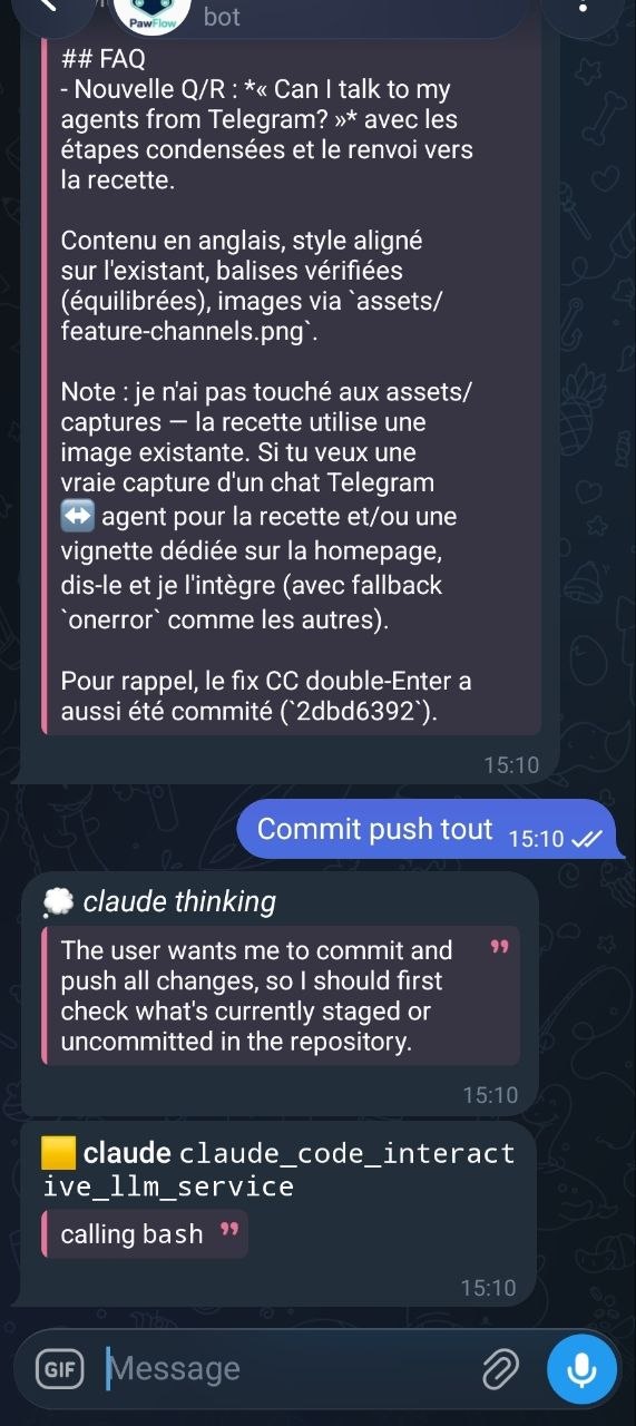 Chatting with a PawFlow agent from Telegram, with live thinking and tool events streamed into the chat